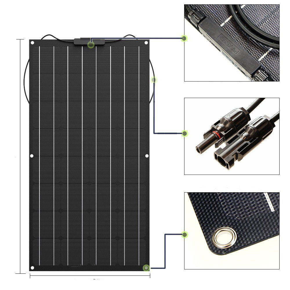 ainel solar monocristalino TPT de alta eficiência de 100W 18V com conector DIY para carregador de bateria ao ar livre durante viagens de acampamento.