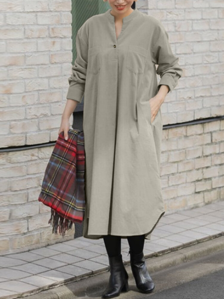 Women Corduroy V-Neck Long Sleeve Casual Shirt Maxi Dresses With Pocket