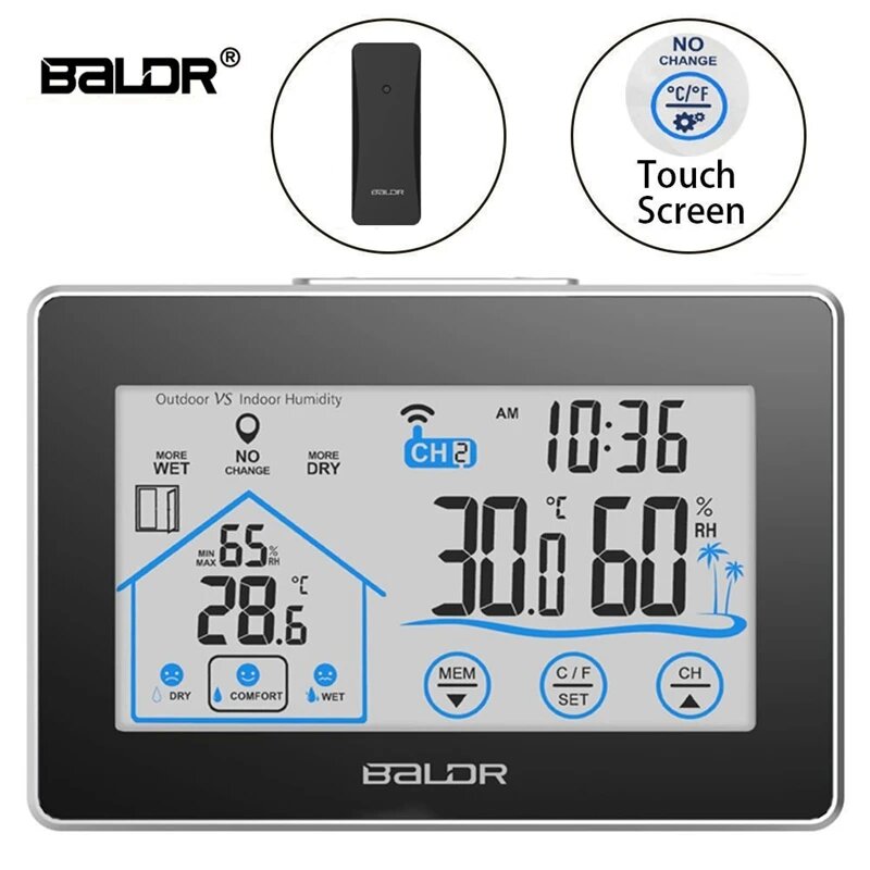 

BALDR Wireless Weather Station Alarm Clock Touch Screen In/Outdoor Thermometer Hygrometer Forecast Calendar Comfort Indi