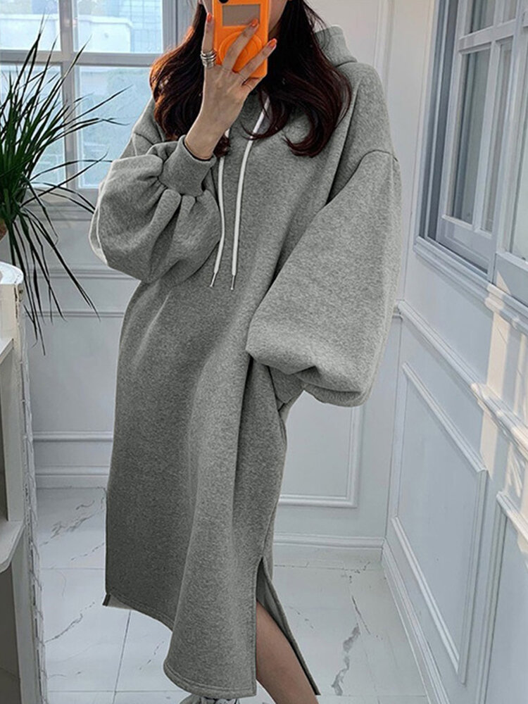 Women Puff Sleeve Solid Color Split Side Pockets Hooded Maxi Length Loose Drawstring Midi Dresses