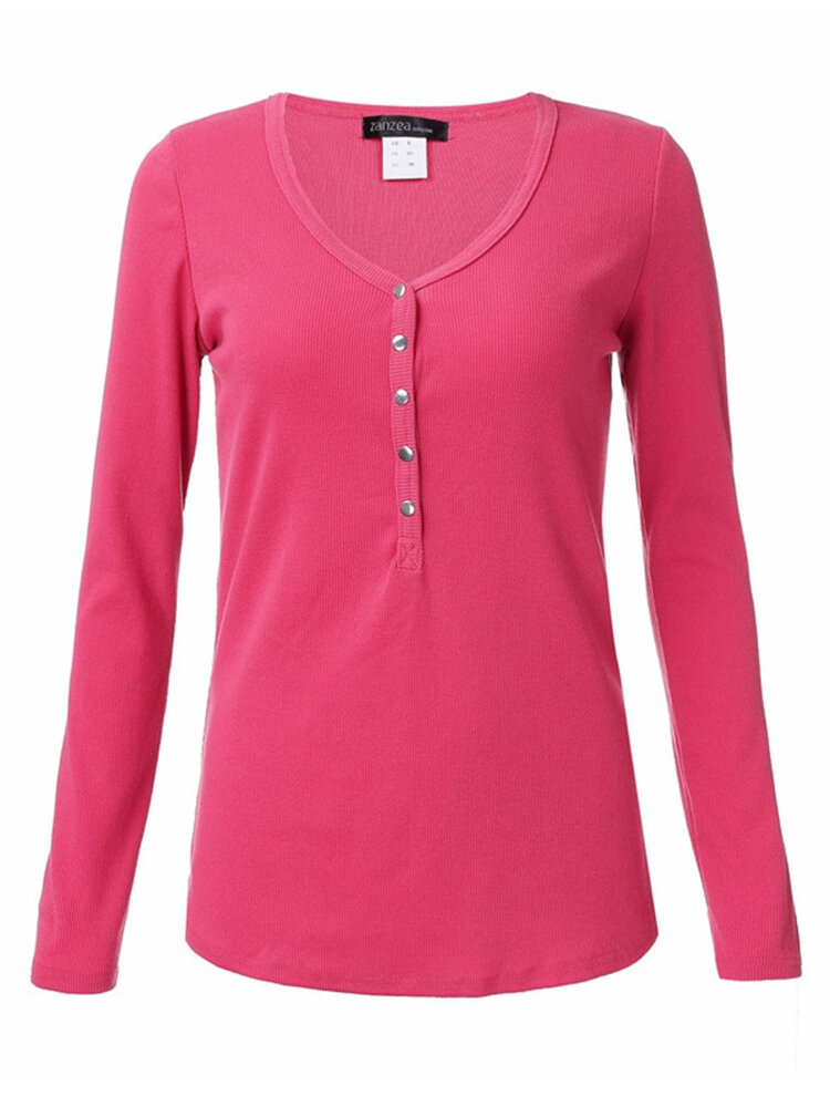 Women V --Neck Long Sleeve Knitted Slim Buttons T-Shirt