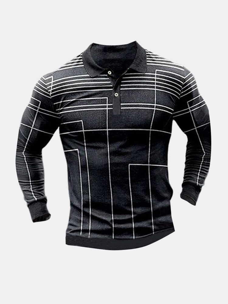 Men Line Print Long Sleeve Business Casual Polos Shirts