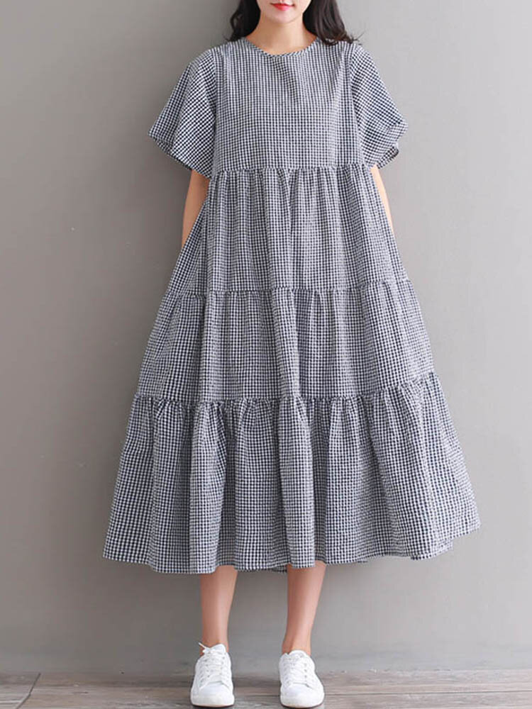 Plaid Knotted Ruffle Round Neck Short Sleeve Casual Maxi Dress