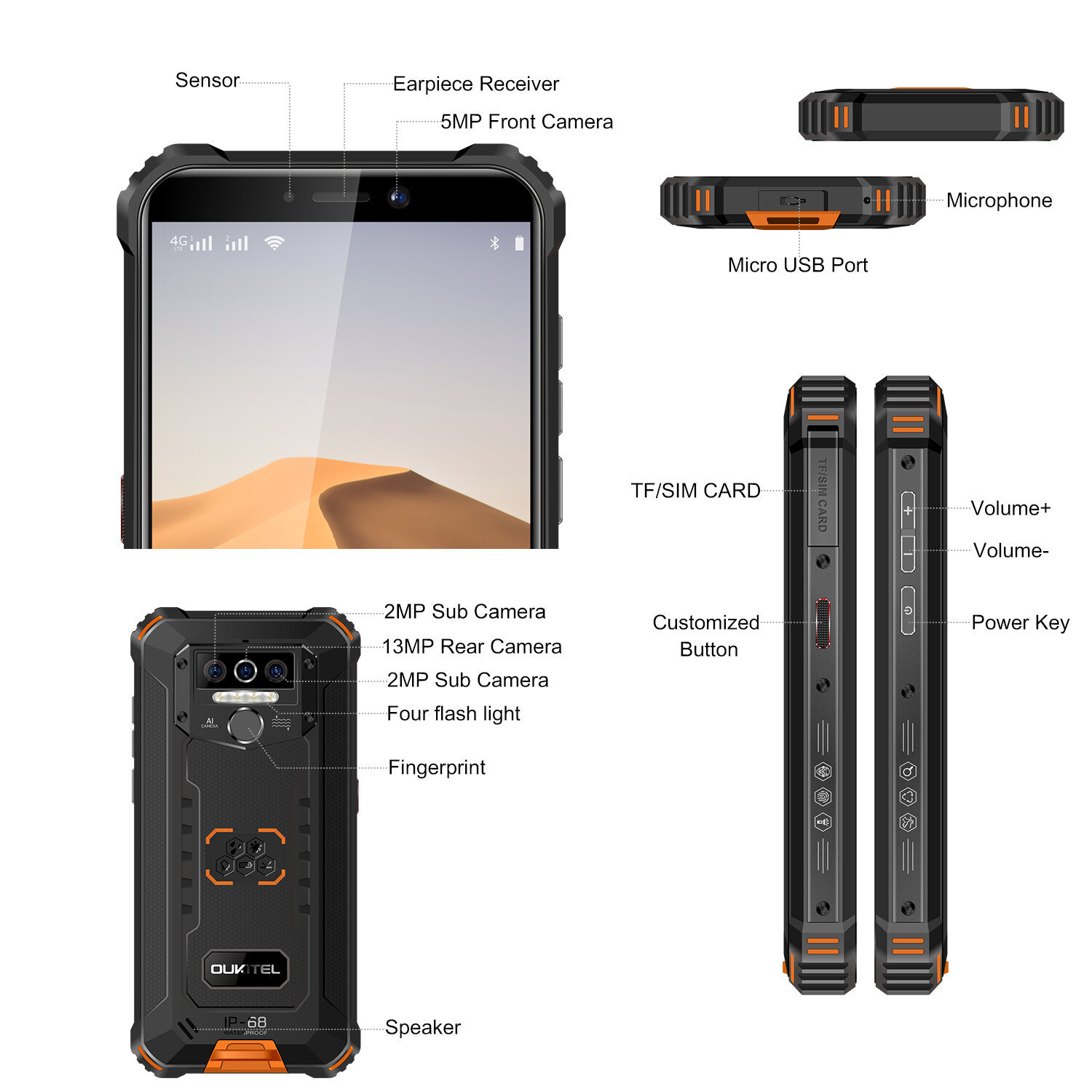 OUKITEL WP5アメリカバージョン5.5インチIP68防水8000mAh Android 10 13MPトリプルカメラ4GB 32GB MT6761 4G頑丈なスマートフォン