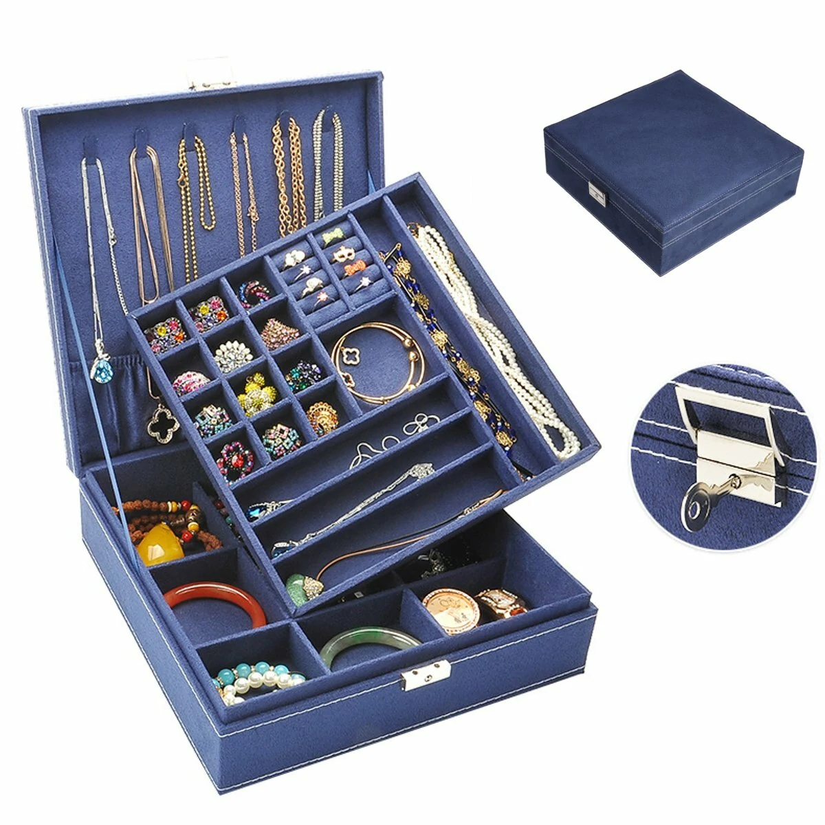 Multi function Vintage Jewelry Box Organizers Two layer Lockable Jewelry Display Storage Case