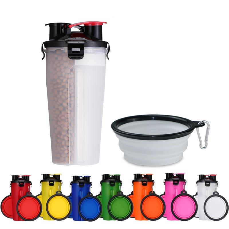Tragbare 2 in 1 Tierfutter Wasser Lebensmittelbehälter mit 2 Falten Silikon Pet Bowl Outdoor Travel Hund Feeder Cup