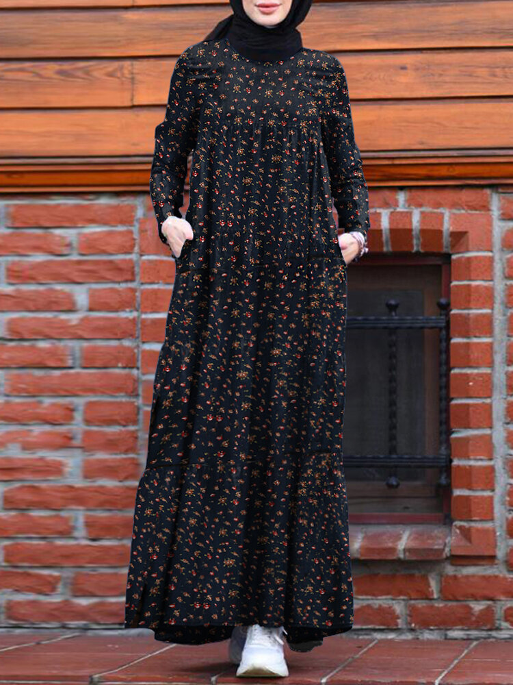 Women Floral Print O-Neck Retro Casual Long Sleeve Layered Dress With Side Pockets