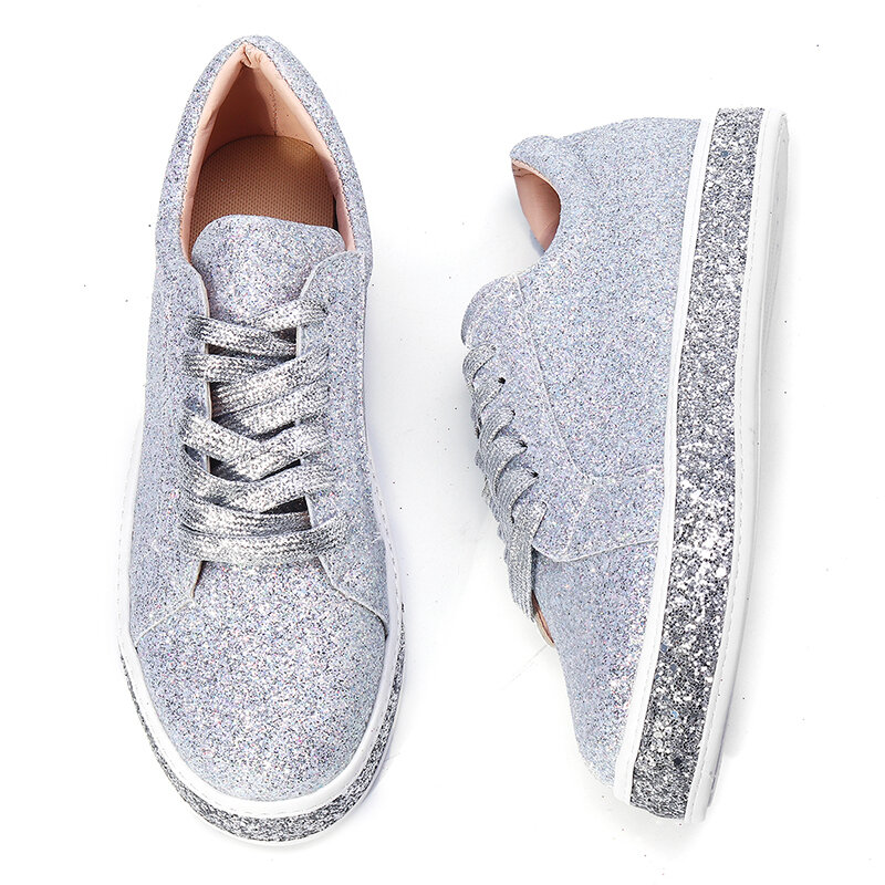 Nis Women Spring Sequin Glitter Bling Sneakers Casual Lace Up Flats Casual Platform Shoes