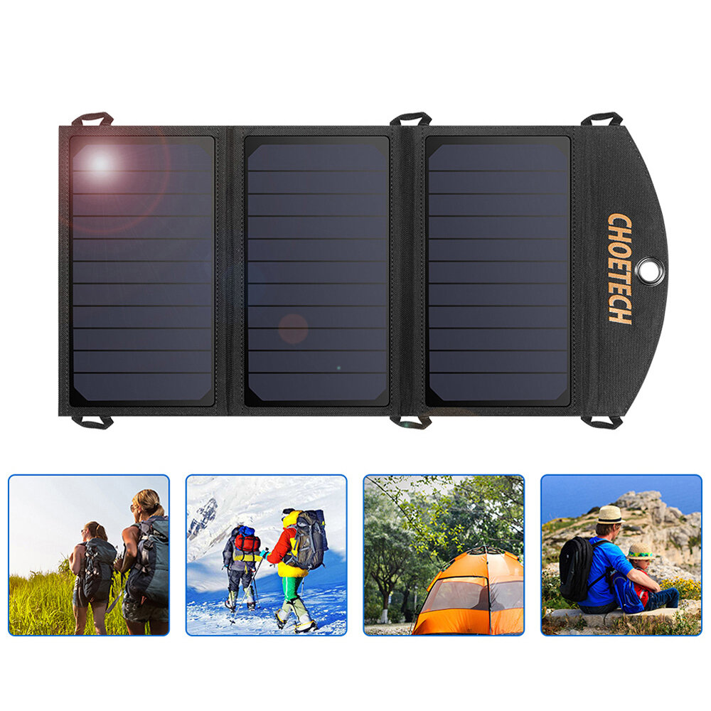 [US Directo] CHOETECH 19W Solar Panel Doble puerto USB Impermeable Cargador de teléfono liviano al aire libre cámping Viaje