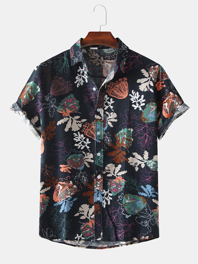 Men Color Block Floral Print Turn Down Collar Beach Holiday Short Sleeve Shirts