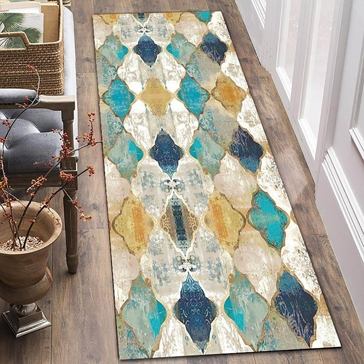 Retro Carpet Geometric Moroccan Ethnic Style Crystal Velvet Floor Mat for Bedroom Living Room