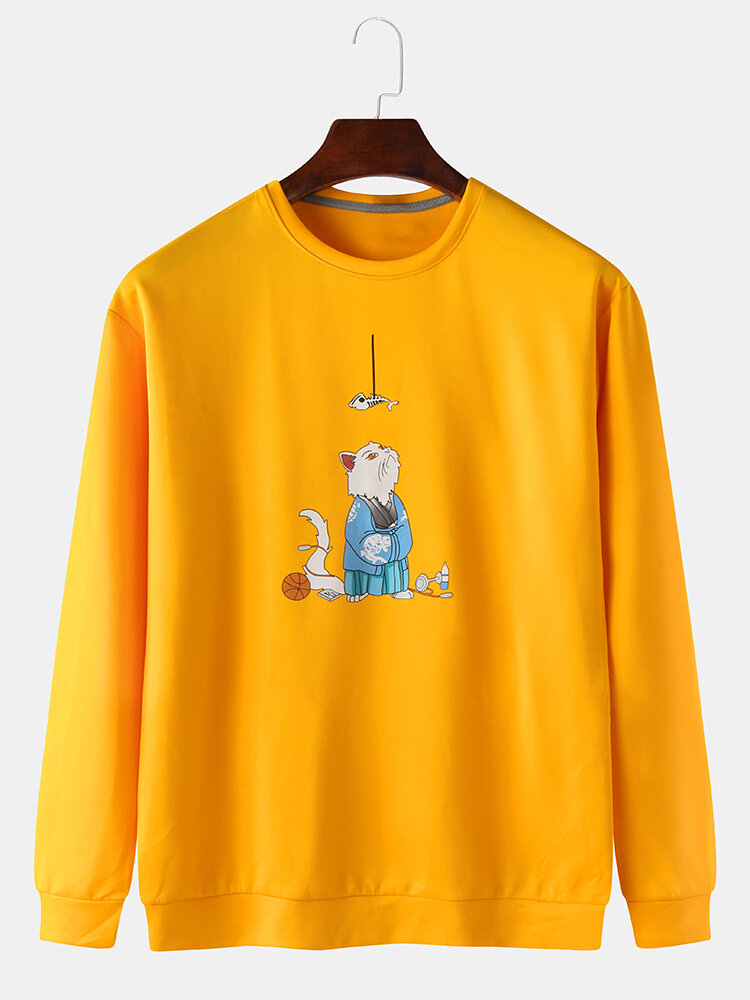 Mens Cute Cat Print Rpund Neck Cartoon Pullover Lange Mouw Casual Sweatshirts