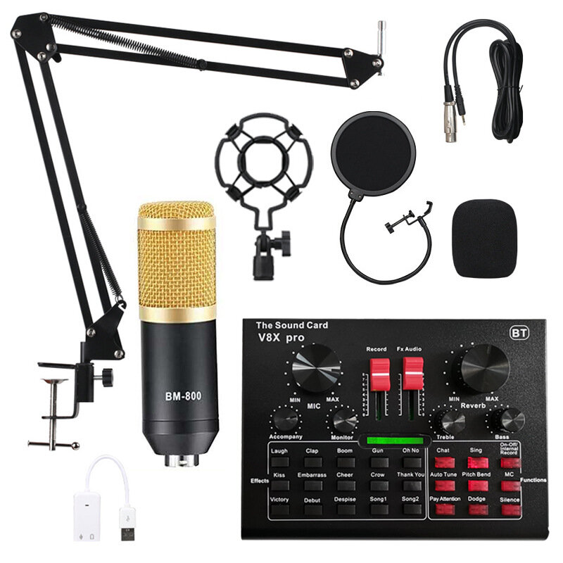 BM800 Live Sound Card V8 Condenser Microphone Recording Mount Boom Stand Mic Kit for Live Broadcast 