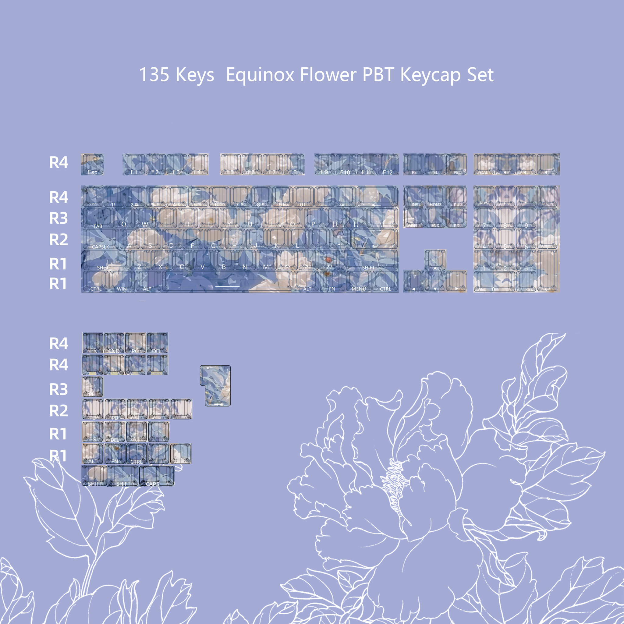 

135 Keys Chinese Equinox Flower PBT Keycap Set Cherry Profile Sublimation Keycaps for 61/68/75/84/87/89/96/98 100/104/10