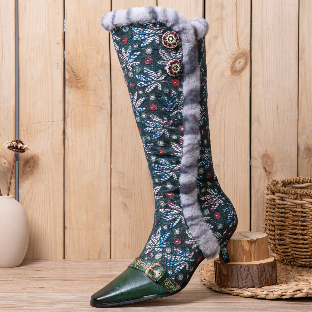 Socofy Dames Vintage lederen patchwork pluche kanten bloemenprint dunne hak hoge laarzen