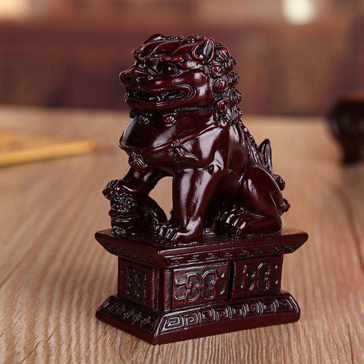 Red Chinese Resin Carving Fengshui Lion Fu Foo Dog Guardion Beast Statue Home Decorations