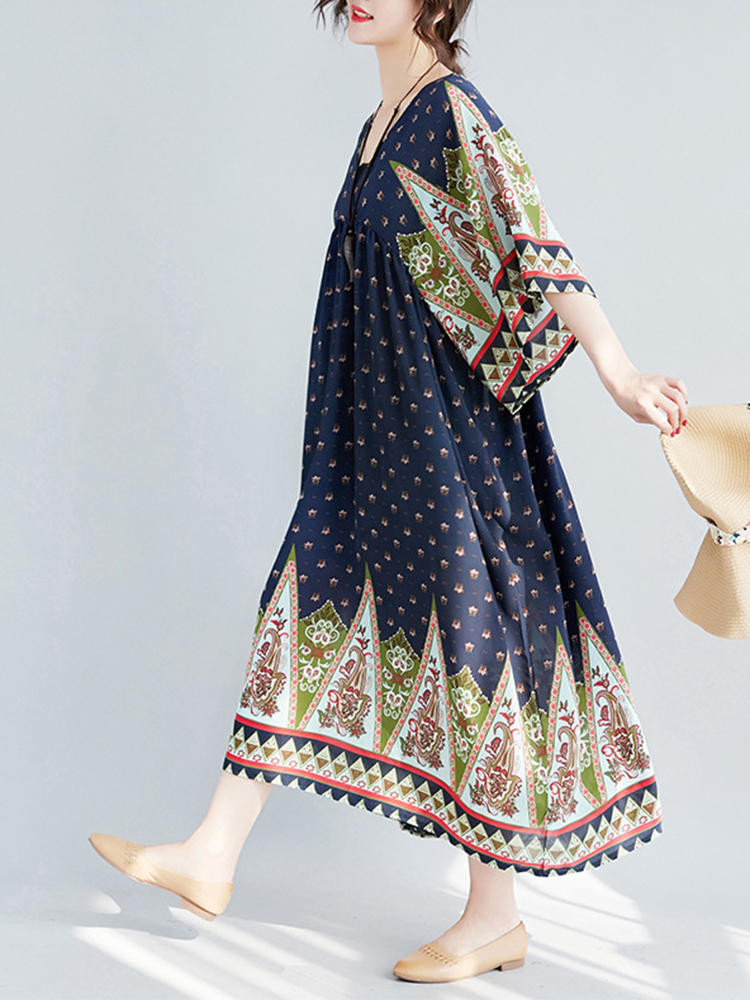 Women ethnic printed v-neck half sleeve long dress Sale - Banggood.com