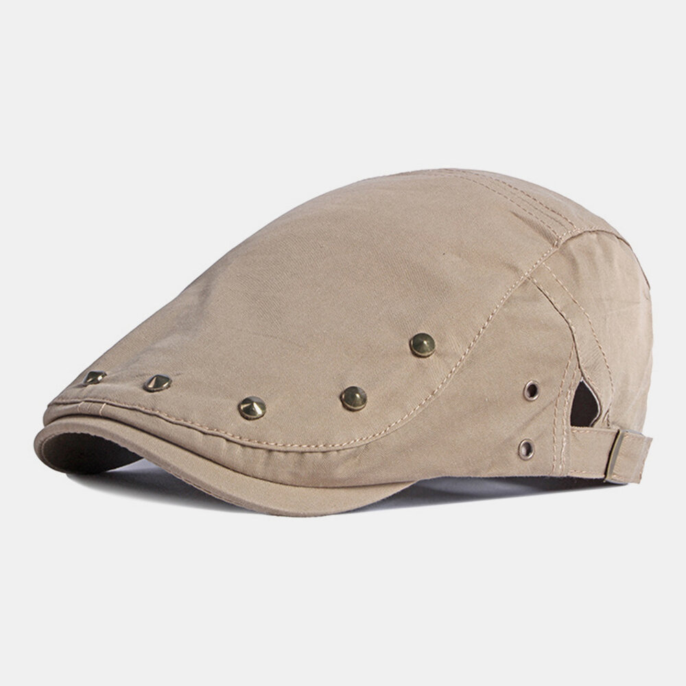 Men Newsboy Cap Polyester Cotton Solid Color Rivet Decorative Sunshade Casual Forward Hat Beret Flat