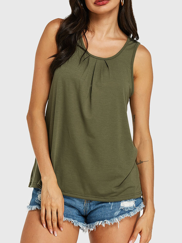 

Army Green Pleated Round Neck Tank Top