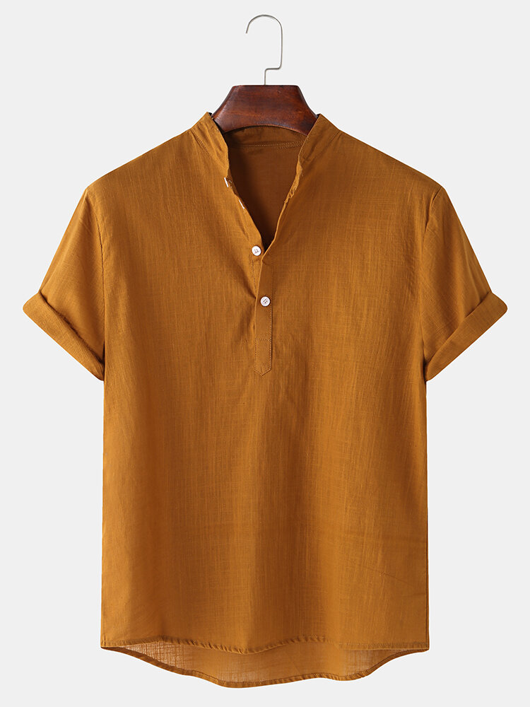Heren katoenen linnen ademende effen kleuren Henley-shirts met korte mouwen