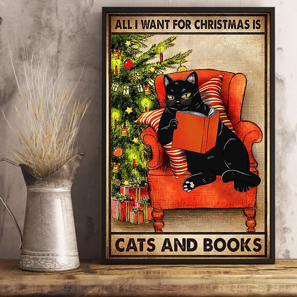1 Pc Kat En Boeken Patroon Kerst Serie Canvas Afdrukken zelfklevende Home Decor Voor Slaapkamer Woon