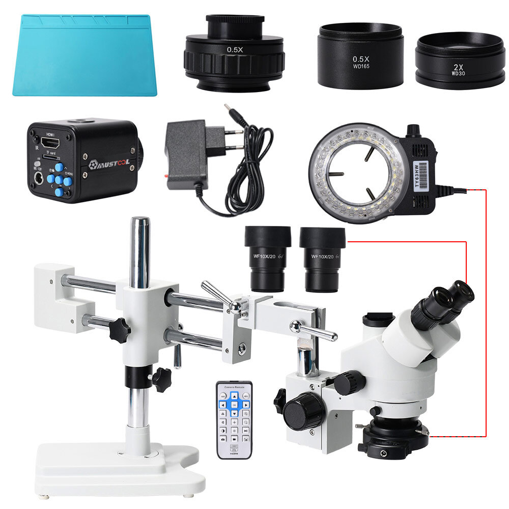 

MUSTOOL 3.5X 90XSimul-Focal Double Boom Stand Trinocular Stereo Zoom Stereo Microscope 24MP 4K HDMI-compatible Camera