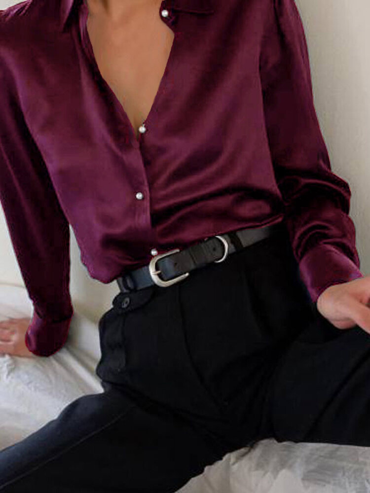 Satin Pearl Button Long Sleeves Solid Color Shirts For Women