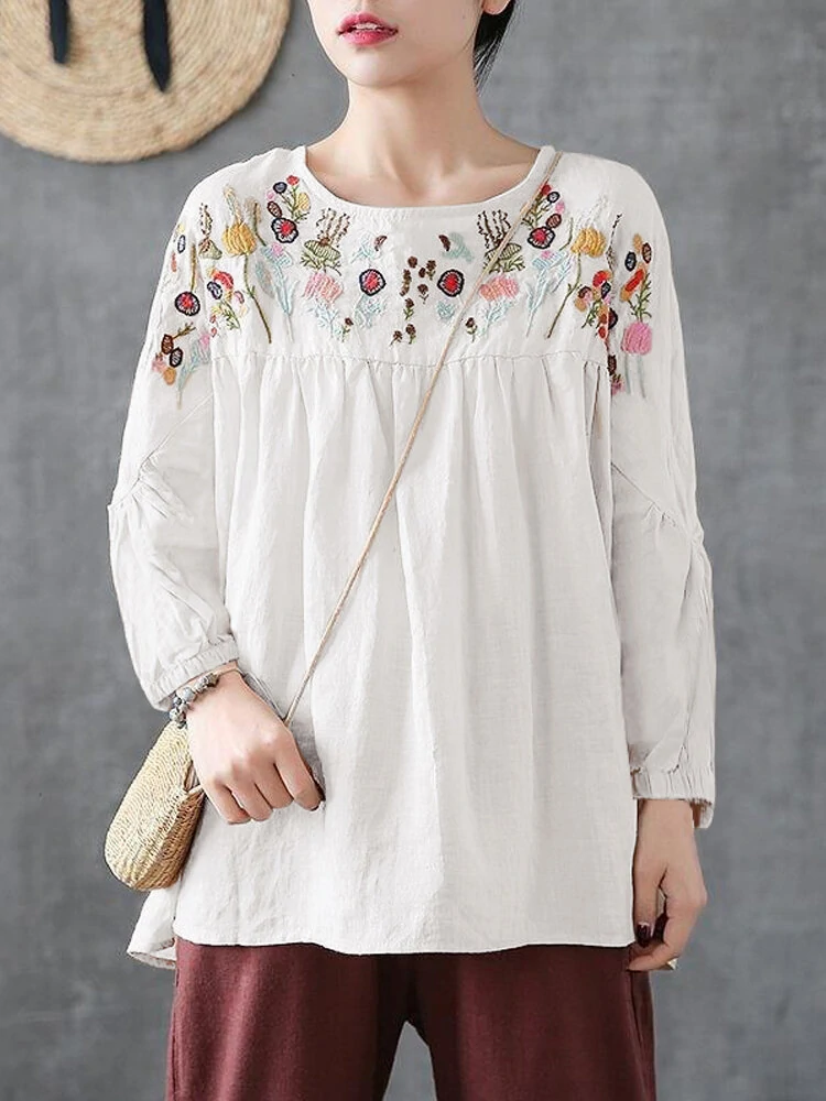 Women casual cotton vintage floral embroidery comfortable blouse