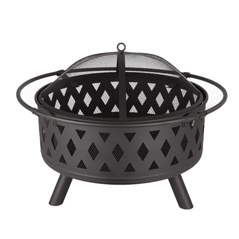 [USA Direct] 32-tommers Round Crossweave Wood Burning Fire Pit Stove Firepit Heater med Poker for Outdoor Camping Patio Deck Backyard, 8011