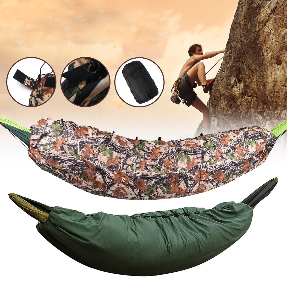 Camping-Schlafsack mit Thermoisolierung, Hängematte und ultraleichter Unterlage für Reisen und Klettern.