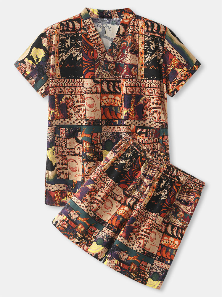 Mens Abstract Print V-Neck Short Sleeve Top Home Pajamas Sauna Sweating Suit