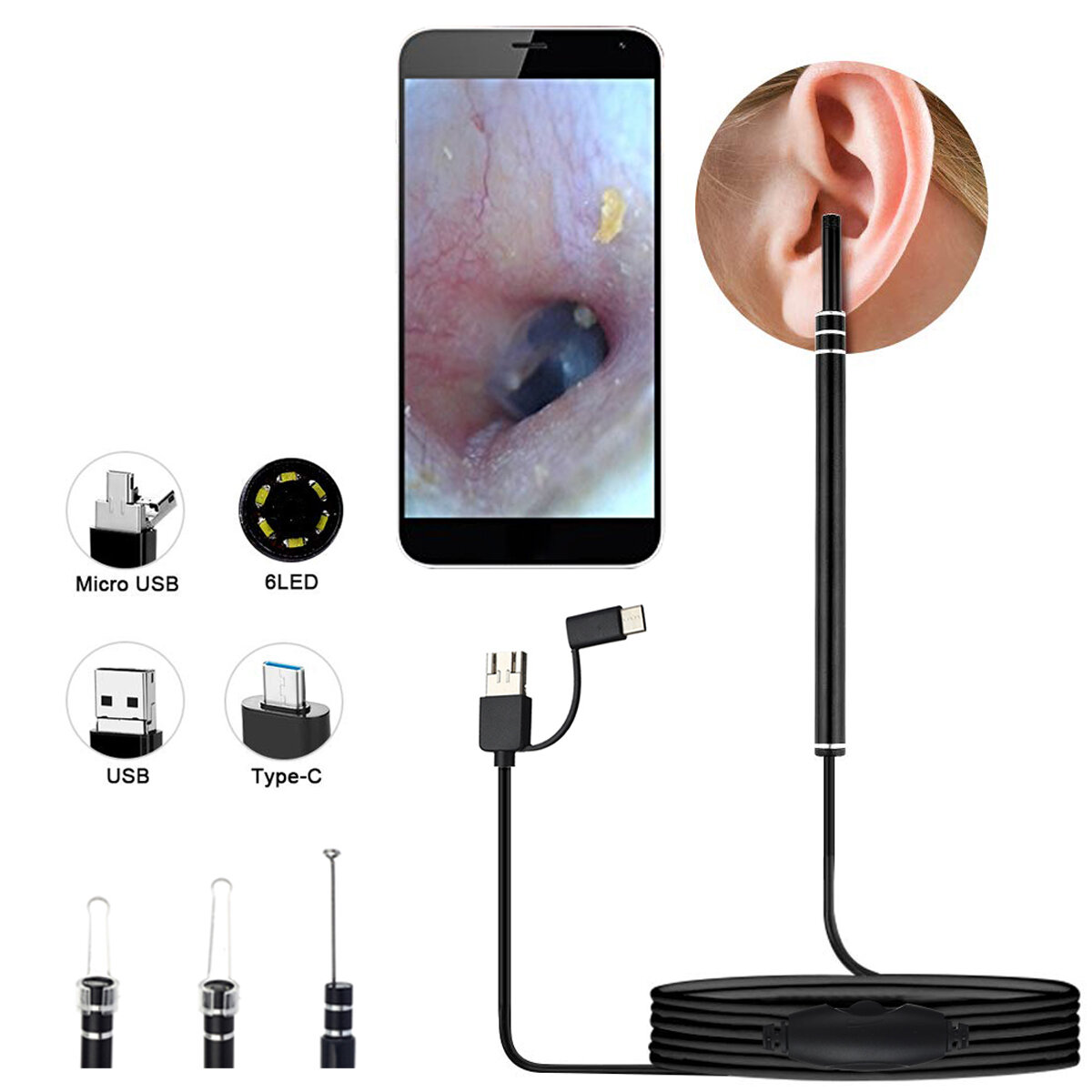

AN101 Ear Endoscope 3 in 1 Ear Cleaning Tool HD Visual Ear Spoon Multifunctional Earpick 5.5mm Camera 2M Android PC Bore