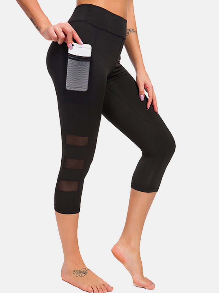 

Women Mesh Patchwork Bodycon Cropped Yoga Sport Leggings With Pockets