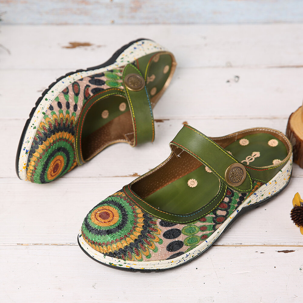 

SOCOFY Vintage Handmade Leather Floral Hook Loop Strap Slip on Mules Clogs Flat Shoes