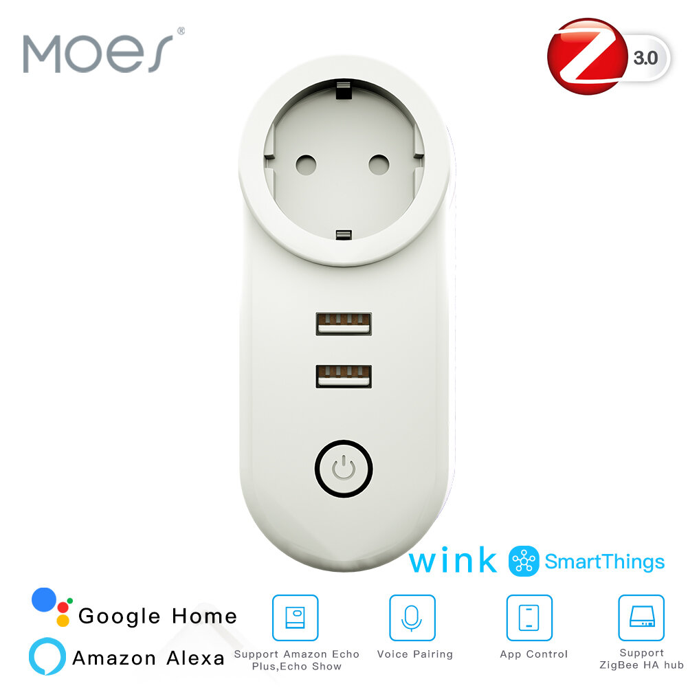EU Slimme Wifi Stopcontact Zigbe 3.0 2 USB-poort 100-240V Stembediening Werkt met SmartThings Wink Alexa Google Home