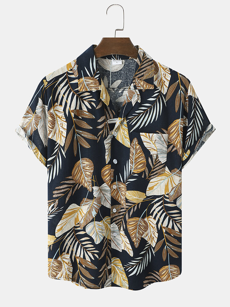 Men Hawaii Style Tropical Leaf Print Hem Cuff Soft Leisure Button Designed Shirts