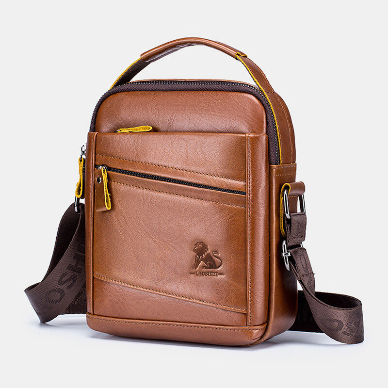 

Laoshizi Men Vintage Genuine Leather Multifunction Wear-Resistant Crossbody Bag Casual Shoulder Bag