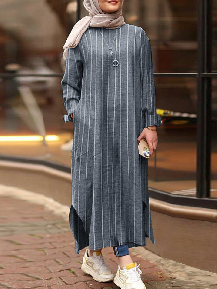 100 Cotton Women Stripe Printed Ankle Length Kaftan Maxi Dresses With Side Pocket