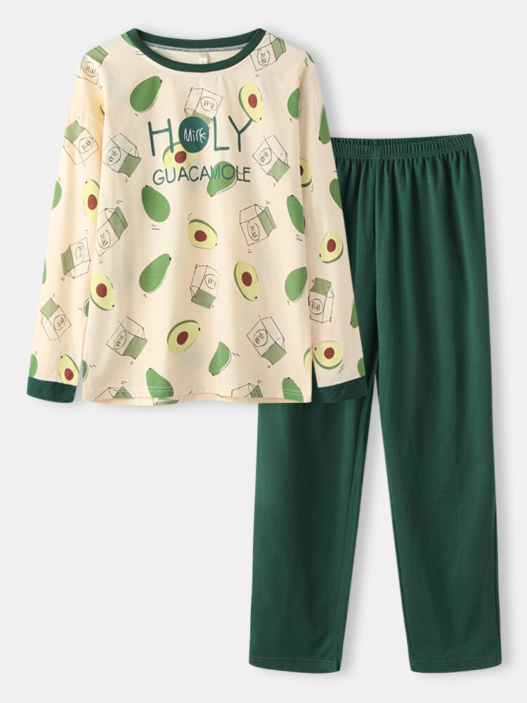 Vrouwen Leuke Avocado Print O-hals Katoenen Lange Mouw Losse Tweedelige Lounge Thuis Pyjama Sets