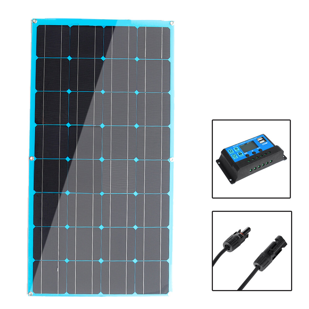Painel solar policristalino de 100W 18V com dupla saída USB/DC para carregador de bateria portátil, ideal para camping e viagens.