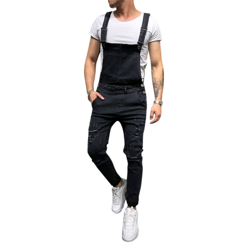 Denim overalls suspenders ripped jeans for men Sale - Banggood.com