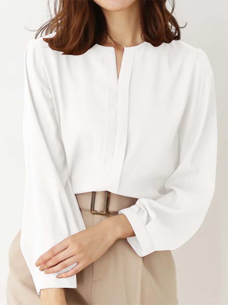

Solid Long Sleeve Notch Neck Blouse For Women