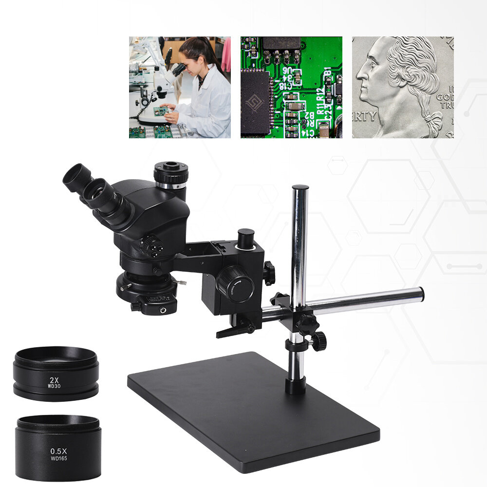 

3.5X-100X Adjustable Metal Arm Simul-Focal Trinocular Stereo Microscope with Magnification Big Table Zoom+144 Adjustable
