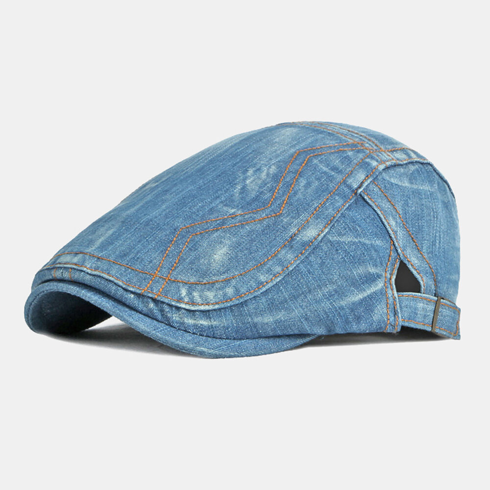 Men Newsboy Cap Washed Denim Solid Topstitched Stitches Outdoor Breathable Sunshade Casual Vintage F