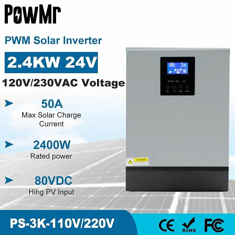 PowMr 3KVA 2400W Solar Inverter 24V 110V 220V Hybr1d Inverter Pure Sine Wave Built-in 50A PWM Solar 