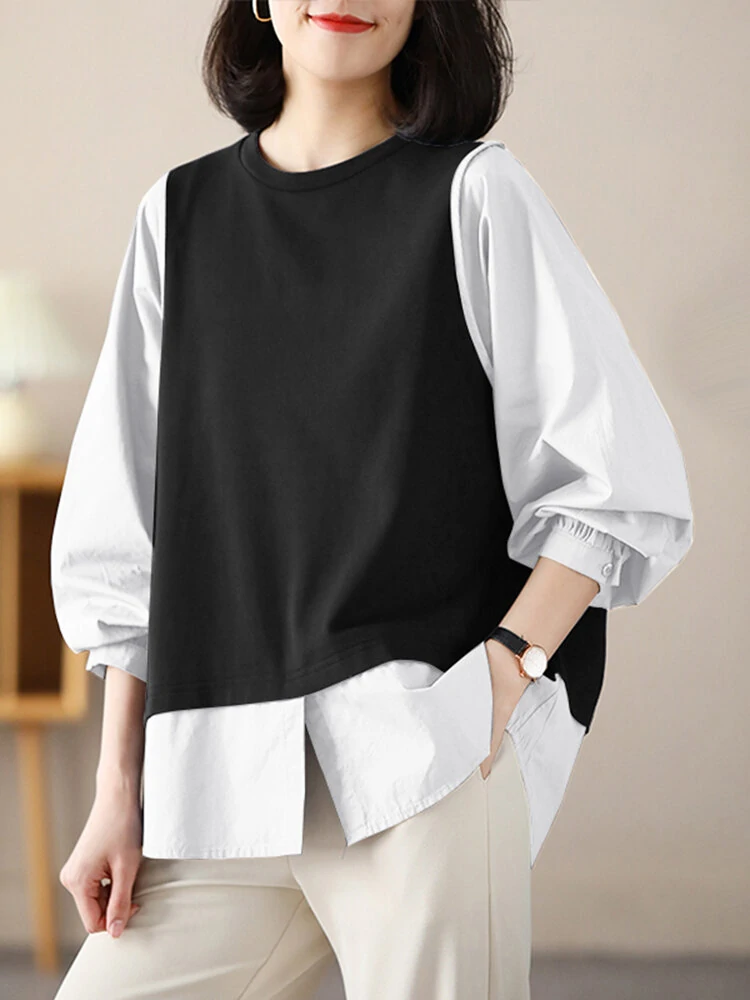 Women contrast long sleeve crew neck casual blouse