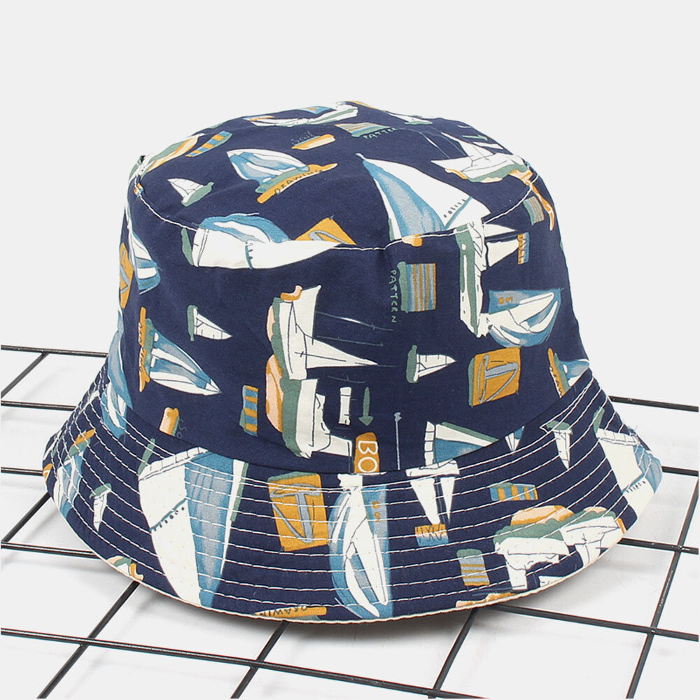 

Unisex Cotton Double-sided Sailboat Graffiti Pattern Outdoor Sunshade Bucket Hat