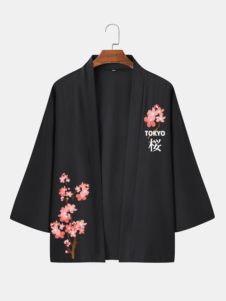 Men Japanese Style Cherry Sakuras Print Shawl Collar Front Open Leisure Shirts