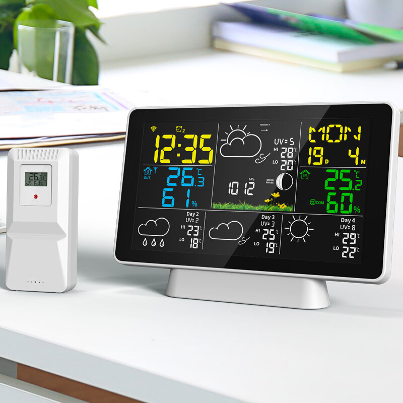 AGSIVO Tuya Wifi Wireless Weather Station Alarm Clock With 7.5 Inch Display / Atomic Clock / Weather Forecast / Outdoor
