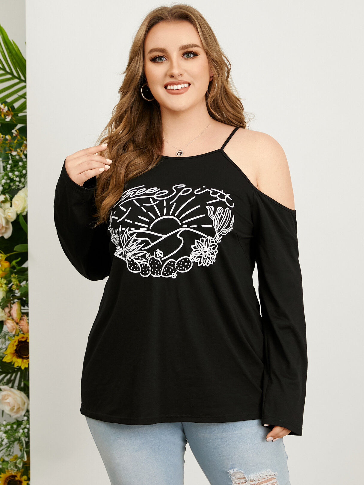 YOINS Plus Size Cold Shoulder Letter Graphic Spaghetti Strap Tee